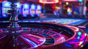 Pemandangan dinamis kasino online lagunabet dengan highlight neon ungu