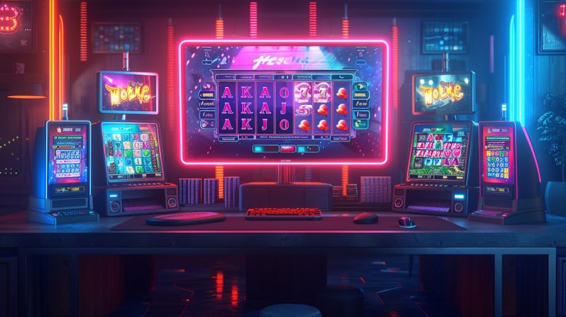 Ilustrasi Lobby Game lagunabet dengan tema neon ungu yang dinamis dan modern